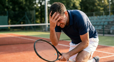 A frustrated male tennis player covers his face with his hand in despair, kneeling on the court after a missed shot or loss.