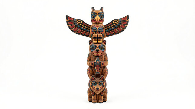 Intricately carved First Nations totem pole featuring eagle, bear with salmon, and wolf figures, embodying indigenous art and cultural heritage from Pacific Northwest Coast, North America.