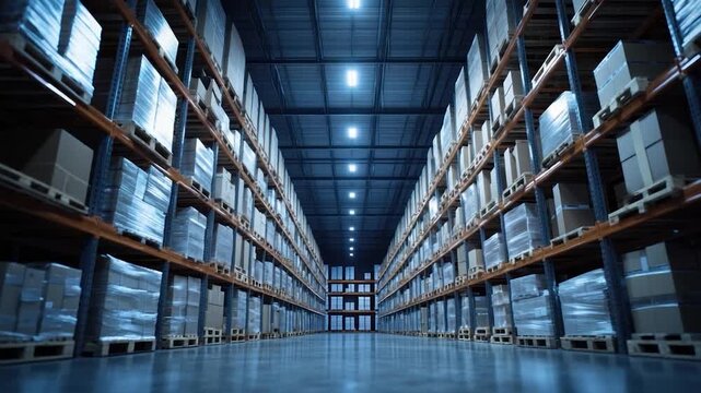 A long warehouse interior shot shows stacked boxes on rows of shelves, a perspective view