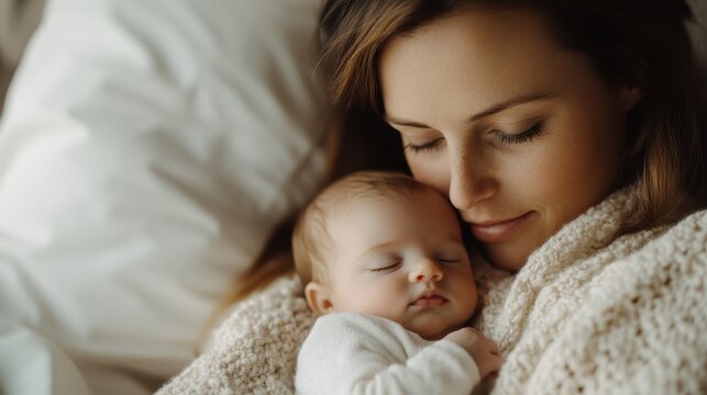 A tender moment between a mother and her sleeping baby, embracing in a cozy blanket, illustrating love, comfort, and warmth in a nurturing environment.