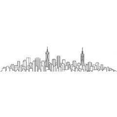 A minimalist line art illustration of a city skyline with skyscrapers and buildings in a flat, simple design
