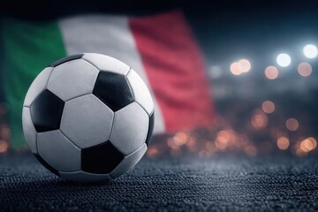 Naklejka premium Soccer Ball with Italy Flag in Stadium Lights