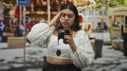 Obraz premium Woman holding dslr camera with hand to temple and pained expression, wearing white embroidered crop blouse in a busy street market; frustration creative block.