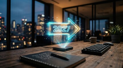 Naklejka premium Desk workspace with floating 2027 arrow hologram above device. 2027 business direction concept.