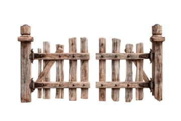 Naklejka premium Rustic wooden gate, weathered, open, with hinges and posts, isolated on a black background