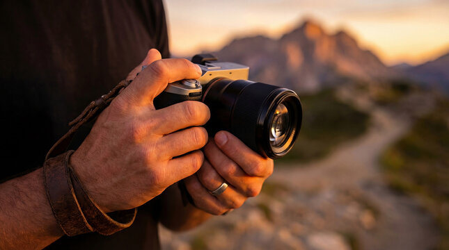 Close up of hands holding a mirrorless camera with a prime lens, framed by a vibrant mountain sunset backdrop. Outdoor photography adventure.