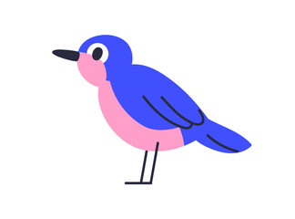 Fototapeta premium Bird in profile. Cute small little fiction songbird with bright bicolor plumage. Exotic tropical avian animal with colored feathers, side view. Flat vector illustration isolated on white background