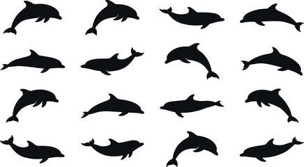 Obraz premium Collection of sixteen dolphin silhouettes arranged in grid layout showcasing diverse swimming and jumping poses, playful marine animal movements, and aquatic design elements in vector illustration