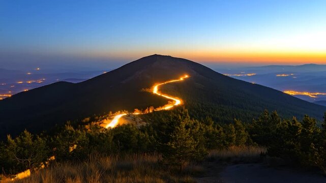 A mountain silhouette at dusk. A winding path lit by car lights zigzags up the slope towards the summit