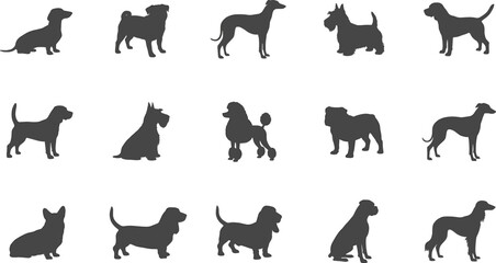 Fototapeta premium Collection of sixteen dog breed silhouettes arranged in grid layout showcasing diverse canine profiles, body shapes, ear styles, tail positions, and fur textures in vector illustration
