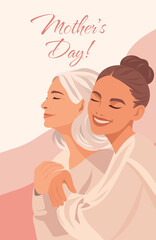Obraz premium Vector illustration of an elderly woman and her daughter who hugs her. Delicate pink tones, text Happy Mother's Day. Perfect for greeting cards, social media, posters for Women's Day, March 8th