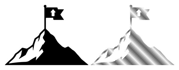 Flag on mountain peak symbolizes achievement and reaching goals