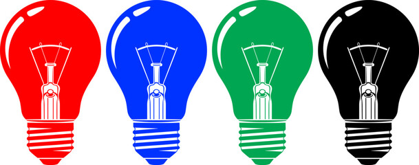 Fototapeta premium Classic light bulbs in red, blue, green, and black symbolizing ideas and innovation