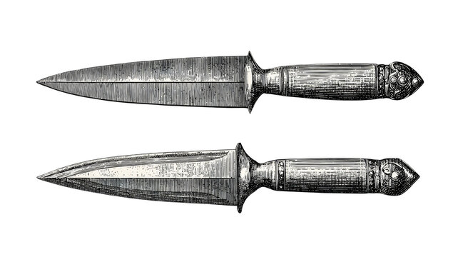 Two metallic, symmetrical daggers rendered against a stark black background