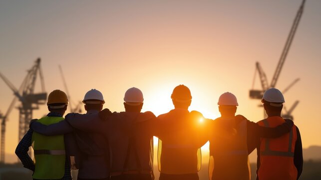 Construction workers standing together at sunset in teamwork pose  