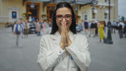 Fototapeta premium Young hispanic woman scientist smiling in a white uniform on a busy street with blurred pedestrians and historic buildings in the backdrop, exuding confidence and joy.