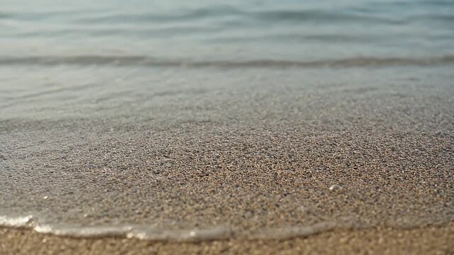 Gentle ocean wave laps onto a coarse, pebbly beach in soft, natural light