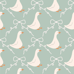 Seamless repeating pattern with cute white geese decorated with hand drawn ribbon bows on soft sage green background. Perfect for nursery decor, baby textiles, children clothing, wrapping paper, © Jennie