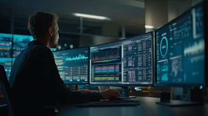 Professional analyzing data on multiple screens in technology office, optimizing digital performance with real-time analytics and insights.