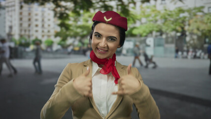 Young flight attendant woman in uniform gestures invitingly on a bustling street, showcasing...
