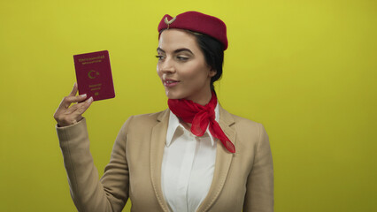 Woman flight attendant in uniform holding turkish passport against yellow wall with confident...