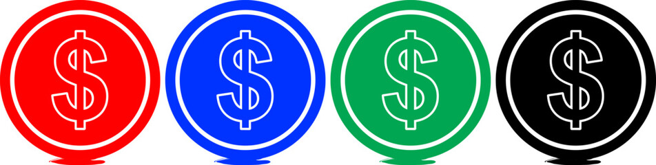 Obraz premium Dollar coins in red blue green and black colors with silver outline on transparent