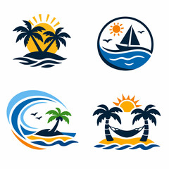 Obraz premium Set of four tropical beach logo icons with palm trees, sun, waves, sailboat and hammock. Summer vacation, seaside resort and adventure concept for travel branding in flat vector style.