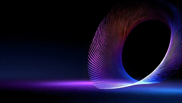 Luminous circular spiral of thin neon lines on dark background with violet and blue floor lighting for futuristic technology concepts cinematic visuals or high energy electronic music events