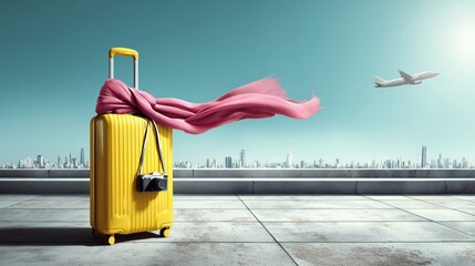 A suitcase on the rooftop, an airplane flying in the sky, city skyline view, a travel camera, a scarf flowing gently, stylish editorial travel campaign. 