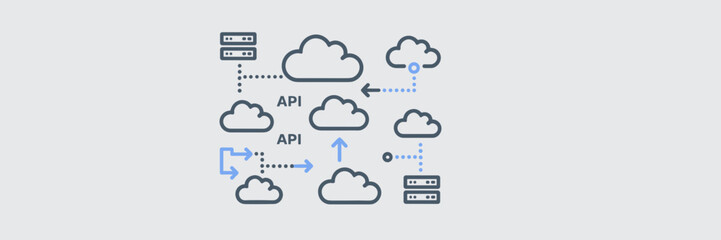 Multi cloud orchestration icons with server rack and API sync