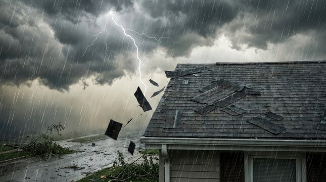 Damaged roof shingles during lightning storm concept. A dramatic storm with lightning and heavy rain impacting a house.