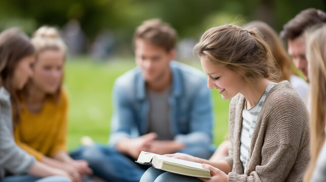 Young group reading and discussing bible outdoors, Christian fellowship and prayer meeting at park, outdoor scripture study, nature worship gathering, faceless participants, defocused