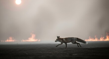 Fototapeta premium Fox running from a wildfire. Wildlife animal escaping a burning natural disaster. Global warming and climate change concept.