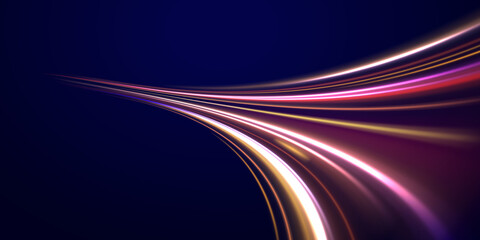Bright yellow neon lines zigzag across a digital cityscape. Motion blur and radiant glow highlight velocity and innovation. Modern abstract background isolated on transparent layer. © Little Monster 2070