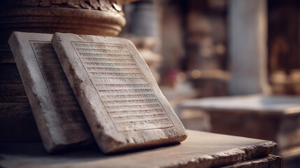 Religious commandments stone tablets display, biblical law representation, scripture monument symbolism, ancient covenant visualization, theological history artifact, defocused background, with