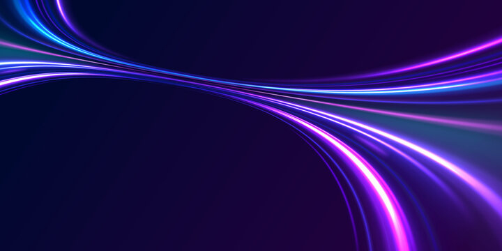 Blue and magenta neon beams twist and ripple in abstract flow. Radiant streaks create sense of fast data, high-speed motion, and energy. Vector illustration isolated on transparent layer.