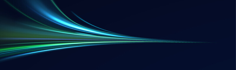 Neon blue and violet streaks race across dark urban streets at night. Motion trails swirl and pulse with energy, creating a sense of rapid acceleration. Futuristic vector background isolated on transp © Little Monster 2070