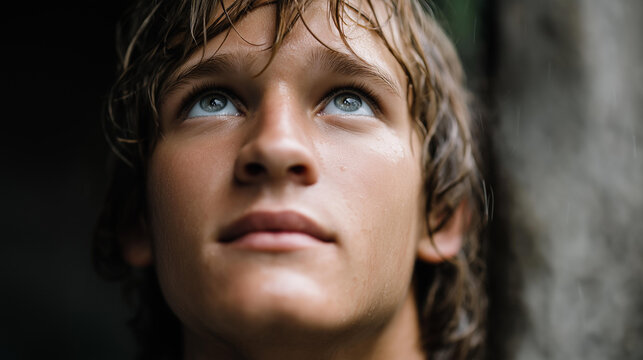 Biblical character emotional close-up portrait, young person with wet hair looking up, ancient religious figure, scriptural personality display, historical faith representation, defocused