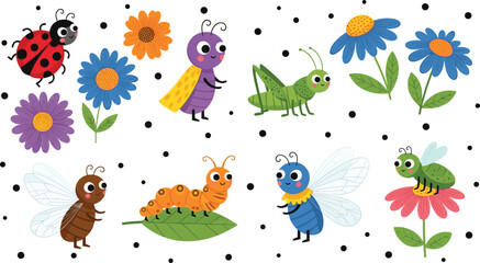 Naklejka premium Cute Cartoon Garden Bugs and Insects Collection with Ladybug Butterfly Grasshopper Bee Caterpillar and Flowers Vector Illustration