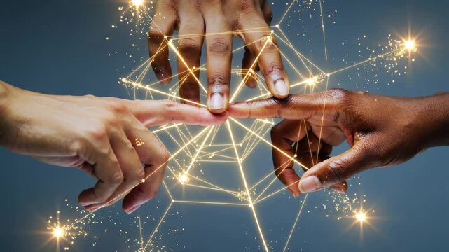 Hands of different colors reach and touch to form light patterns in a creative art space. Sparks and connections take shape, showing interaction and unity.