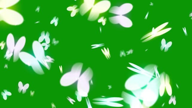 Vibrant abstract luminous forms resembling ethereal butterflies floating on a bright green digital background, creating a dreamy light effect.