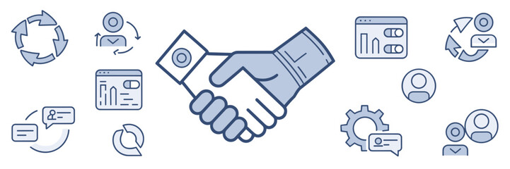 Monochromatic blue human-AI collaboration vector icons &ndash; Perfect for software platforms, digital trust campaigns, or tech interfaces.