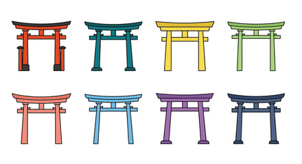 Fototapeta premium Colorful torii gates arranged in a grid pattern on a white background
