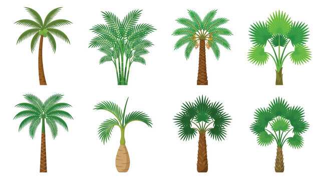 Collection of various tropical palm trees in a cartoon style