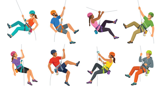 Diverse group of people rappelling and ziplining with safety gear