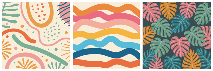 Obraz premium Collage of Three Abstract Art Styles Featuring Organic Shapes and Tropical Leaves vector illustration