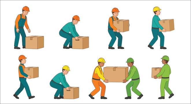 Illustrations of workers lifting cardboard boxes with proper and improper techniques