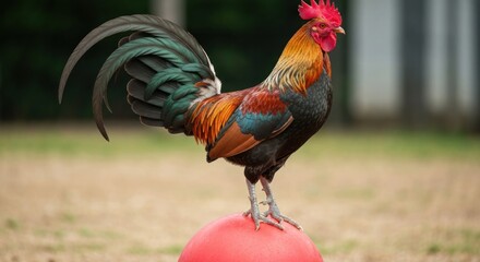 A vibrant rooster perched atop a red ball, against a soft blurred background