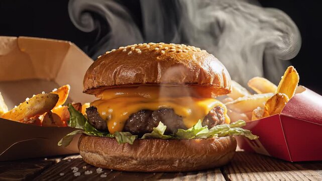 Delicious cheeseburger with french fries a mouthwatering food composition