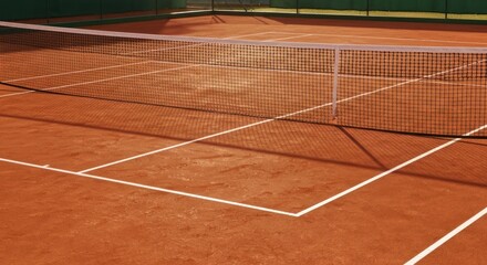 A detailed view of a tennis court with net and lines, empty